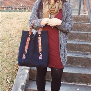 Navy suede and Guatemalan textile tote